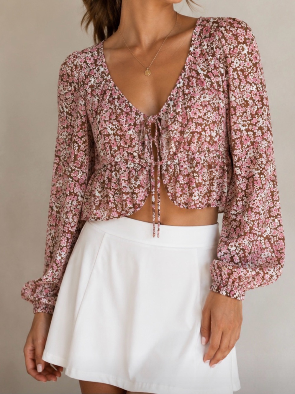 Altar'd State Pink and Brown Crop Blouse Peplum Style